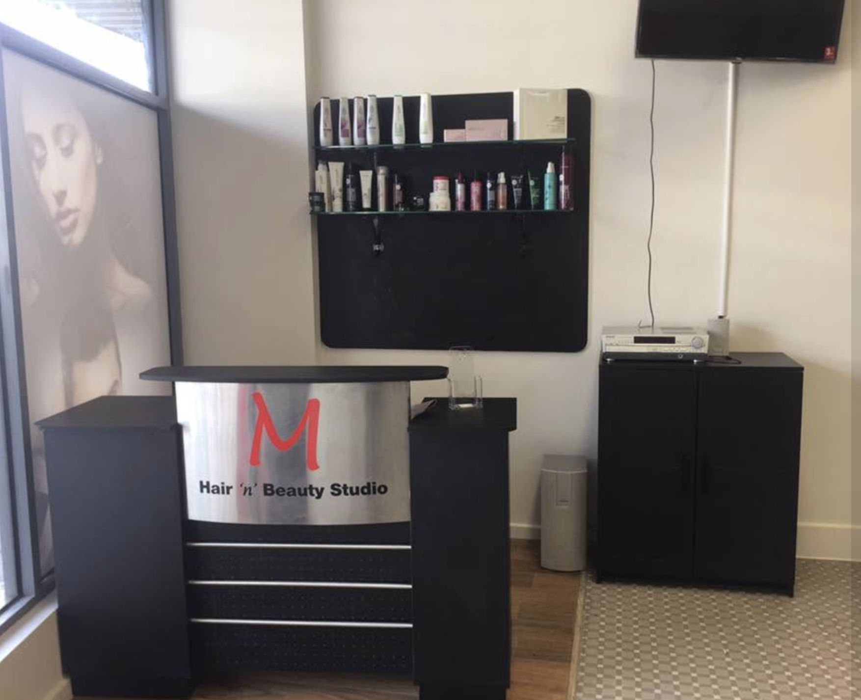 Reception counter at M Hair ’n’ Beauty Studio